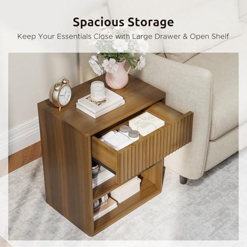 Nightstand Bedside Table Storage Drawer - Large Mid Century Modern Night Stand with Fluted Wood Storage Drawer and Open Shelf Bed Side Table for Bedroom Study Room, Walnut Brown, Set of 1 Lazzanto