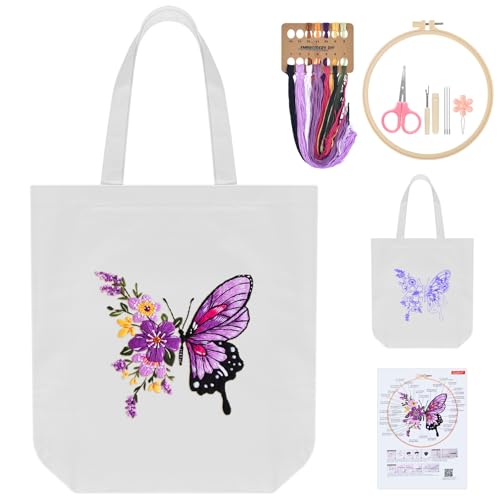 ERKOON Embroidery Canvas Tote Bag for Beginners, Needlepoint Arts Crafts Cross Stitch Kits for Adults Including Stamped Embroidery Bag with Hoops, Needle, Instruction and Color Threads (Butterfly)