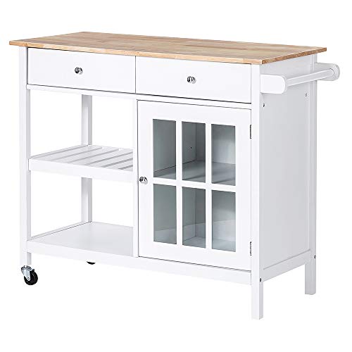 ChooChoo Rolling Kitchen Island, Portable Kitchen Cart Wood Top Kitchen Trolley with Drawers and Glass Door Cabinet, Wine Shelf, Towel Rack, White