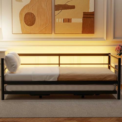Nahenduo Twin Size Daybed with Pop up Trundle & Adjustable LED Lights, Futon Frame Bed, Metal Sofa Bed Frame for Living Room Bedroom Guest Room, Small Space, No Box Spring Needed (Black + LED) Nahenduo