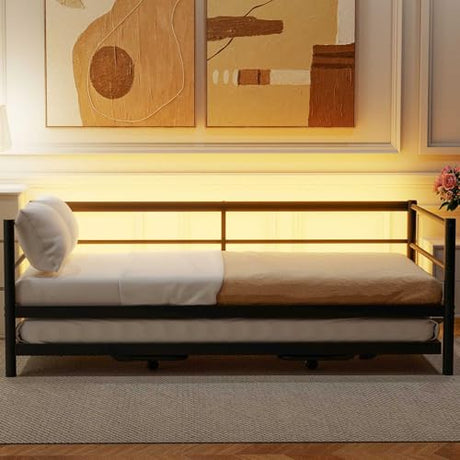 Nahenduo Twin Size Daybed with Pop up Trundle & Adjustable LED Lights, Futon Frame Bed, Metal Sofa Bed Frame for Living Room Bedroom Guest Room, Small Space, No Box Spring Needed (Black + LED) Nahenduo