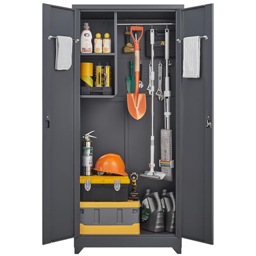 GREATMEET 72.8" Outdoor Broom Storage Cabinet, Waterproof Outdoor Narrow Storage Shed, Metal Storage Cabinets for Cleaning Supplies with Slanted Roof, Utility Closet, Broom Mop Storage Cabinet, Grey GREATMEET
