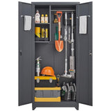 GREATMEET 72.8" Outdoor Broom Storage Cabinet, Waterproof Outdoor Narrow Storage Shed, Metal Storage Cabinets for Cleaning Supplies with Slanted Roof, Utility Closet, Broom Mop Storage Cabinet, Grey GREATMEET