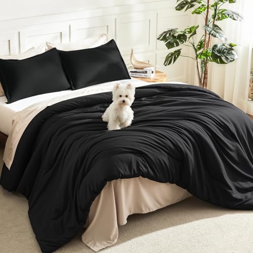 Litanika Black Twin/Twin XL Comforter Set, 2 Pieces Lightweight Solid Bedding Comforter Set, All Season Fluffy Bed Set (66x90In Comforter & 1 Pillowcase) Litanika