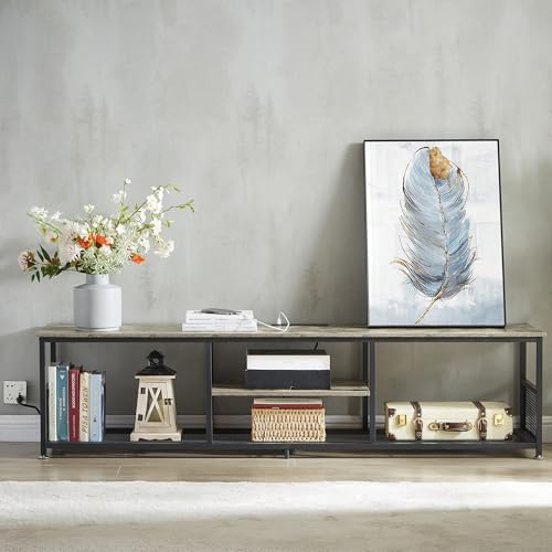 VECELO TV Stand with Power Outlets for Televisions up to 80Inch, 70" Media Entertainment Center with Charging Station 3-Tier Open Storage Shelves with Metal Frame for Living Room/Bedroom，Grey VECELO
