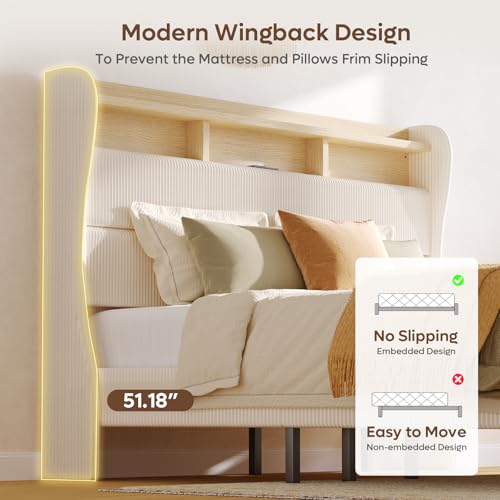 Bestier King Size Upholstered Wingback Bed Frame with 51” High Headboard Corduroy Fabric RGB LED Lights, Charging Station Dual Storage Shelves Modern Off White Platform Bed No Box Spring Needed Bestier