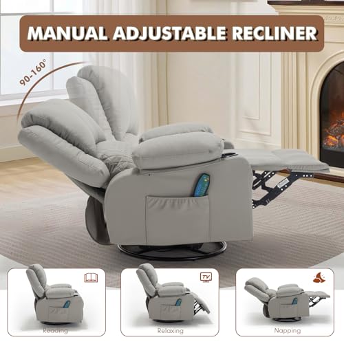 linting Faux Leather Recliner Chair with Heat and Massage Cup Holder, Overstuffed Swivel Rocker Recliner Chair Rocking Glider Chair, Light Grey