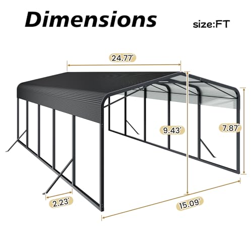 KEIKI 15x25FT Metal Carport, Heavy Duty Carport with Reinforced Support Base, Metal Car Garage for All Weather, Sturdy Canopy Shelter for Car, Truck, Pickup, SUV, Tractor, and Boat KEIKI