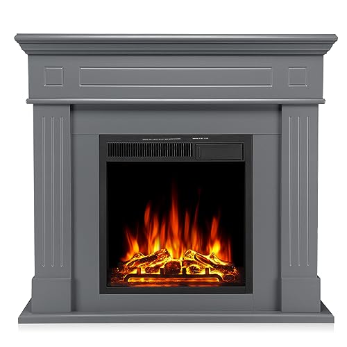 R.W.FLAME 43” Electric Fireplace Mantel Wooden Surround Firebox, TV Stand with Freestanding Electric Fireplace, Remote Control, Adjustable Led Flame, 750W/1500W Grey