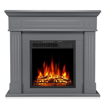 R.W.FLAME 43” Electric Fireplace Mantel Wooden Surround Firebox, TV Stand with Freestanding Electric Fireplace, Remote Control, Adjustable Led Flame, 750W/1500W Grey