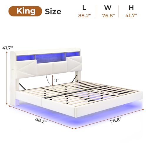 BTHFST King Size Floating Bed Frame with Storage Headboard, Power Outlet, and LED Lighting in Velvet Creamy White - WoodArtSupply