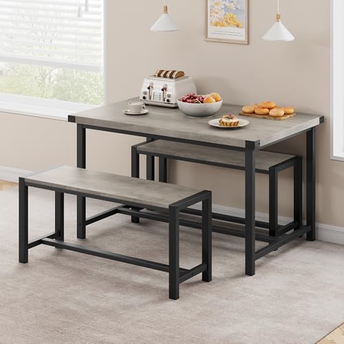 Garvee Dining Table Set for 4, Kitchen Table with Benches, 3 Piece Rectangular Dining Room Set with 2 Wooden Benches for Small Space, Apartment, Studio, Home, Rustic Gray Garvee