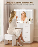 LIVELYGLOW Vanity Desk with LED Mirror, Makeup Vanity with Drawer and Cushion Stool, Dressing Table for Bedrrom, White LIVELYGLOW