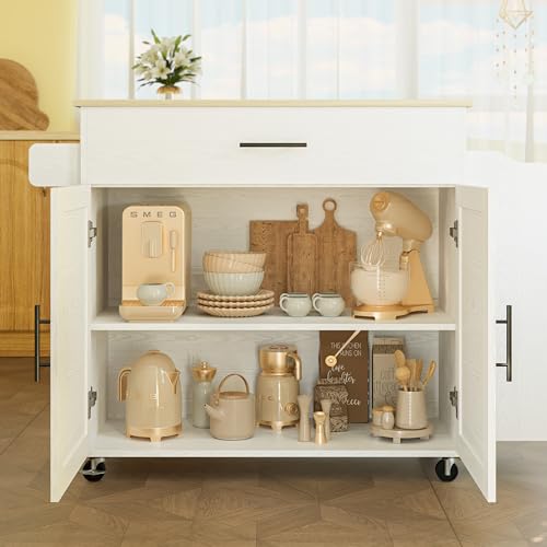 Rolling Kitchen Island with Drop Leaf and Storage by IRONCK, White IRONCK
