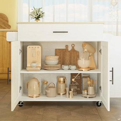 Rolling Kitchen Island with Drop Leaf and Storage by IRONCK, White - WoodArtSupply