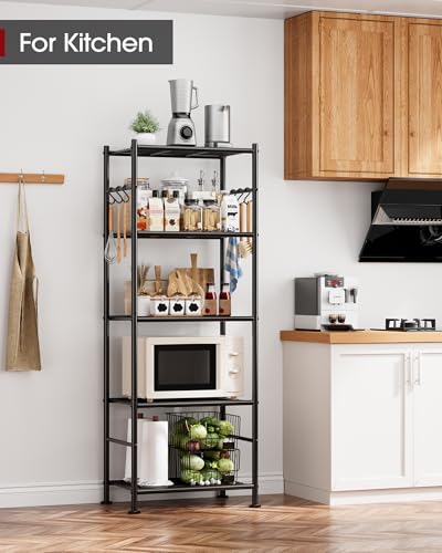 Sakugi Storage Shelves - 5-Tier Large Capacity Shelf Organizer with Hooks, Heavy-Duty Garage Shelving with Leveling Feet, Wobble-Free Rack for Bedroom, Balcony, Garage, 18.1"×12.4"×56.8", Black Sakugi