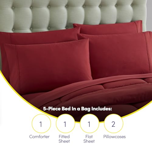Sweet Home Collection 7 Piece Comforter Set Bag Solid Color All Season Soft Down Alternative Blanket & Luxurious Microfiber Bed Sheets, Red, Twin XL Sweet Home Collection