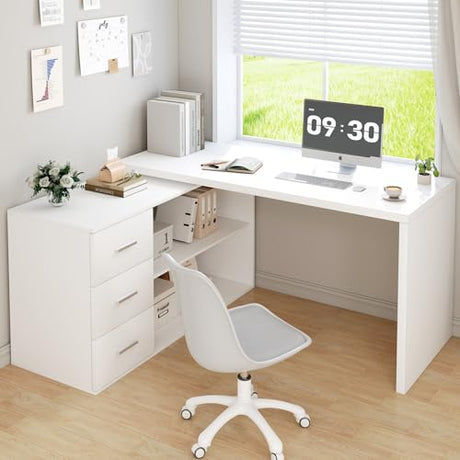 HSH White L-Shaped Computer Desk with 3 Drawers and 2 Shelves, Reversible Home Office Corner Desk for Writing Study Work Executive, 55 Inch Bedroom Wood Table Workstation Desk with Storage Cabinet HSH
