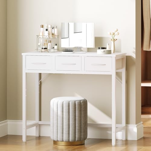 YATINEY Makeup Vanity Desk with Mirror and Lights, Vanity Table with 3 Fabric Drawers Storage Desk for Bedroom, Make Up Dressing Table with Folding Mirror, for Small Spaces, White YATINEY