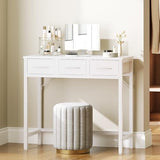 YATINEY Makeup Vanity Desk with Mirror and Lights, Vanity Table with 3 Fabric Drawers Storage Desk for Bedroom, Make Up Dressing Table with Folding Mirror, for Small Spaces, White YATINEY