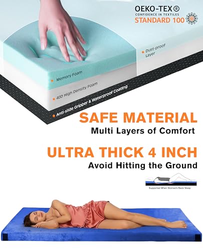GAIALOOP 4 INCH Thick Memory Foam Camping Pad Futon Mattress, Portable Floor Sleeping Mat Sleepover Guest Bed Roll Up Mattress for Outdoor [Twin:75 * 38 * 4"] Gaialoop