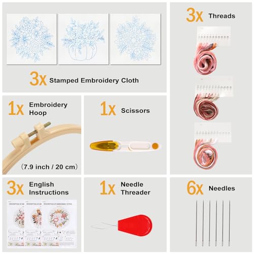 Sivilife Embroidery Kit for Beginners, 3 Sets Stamped Cross Stitch Kits for Beginner, Floral Pattern Embroidery Starter Kits for Adults with Embroidery Hoop Instructions Threads and Needles Scissors