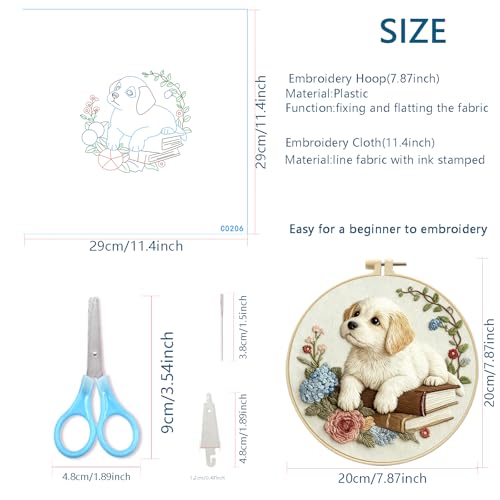 Zhenqing Dog on Books Embroidery Kit for Beginners, Pre-Printed 29x29cm Circular Cotton Fabric with 20cm Hoop, Cozy Pet and Hydrangea Floral Design for Home Decor (C0206)