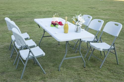 Lakhow Folding Table 6ft Plastic Folding Table Indoor & Outdoor for Picnic, Camping,BBQ and Party, with Powder Coated Steel Legs and Built in Carry Handle, White Lakhow