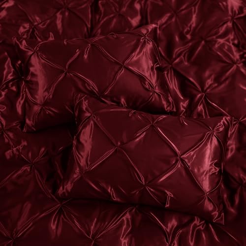 P Pothuiny 5 Pieces Satin Pintuck Duvet Cover Set, Silky Like Burgundy Pinch Pleat Duvet Cover King Size Luxury Bedding Set with Corner Ties, 2 Pillow Shams + 2 Pillowcases (No Comforter) P Pothuiny