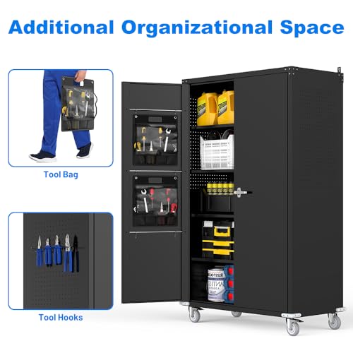 Yeeoy Wide & Deep Metal Garage Storage Cabinet with Pegboard & Adjustable Shelves, Lockable Storage Cabinet with Wheels, Tool Organization Cabinets for Office Garage Shop, 43''W x 22''D x 72''H Yeeoy