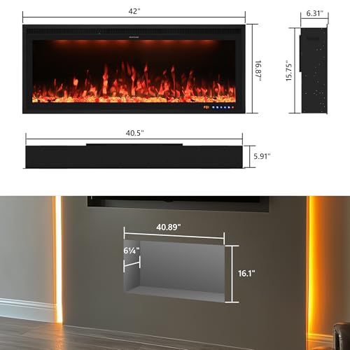Valuxhome 42 inch Electric Fireplace Heater with App & Remote Control, Recessed and Wall Mounted Electric Fireplace, 1-9H Timer, 13 * 13 * 13 Color Combinations, Screen Touch, 1500/750W Valuxhome
