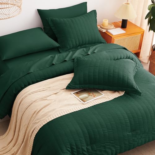 CozyLux Full Size Comforter Sets with Sheets Seersucker 7 Pieces Emerald Green Bed in a Bag Textured Luxury Soft Bedding Set with Down Alternative Comforter, Sheets, Pillowcases & Shams for All Season CozyLux