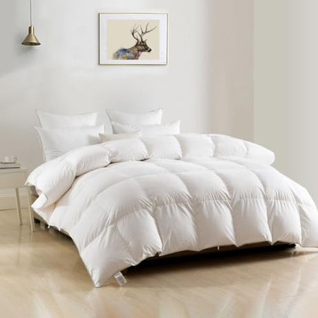 DWR Luxury Down Feather Fibers Comforter Full/Queen, Hotel-Style Fluffy Duvet Insert, Ultra-Soft Cotton Blend Fabric, High Fill Power 46oz Medium Weight for All Season(90x90, White) DWR