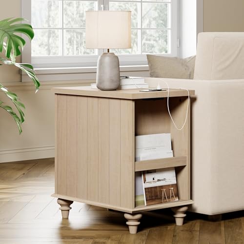 WAMPAT Beige End Table with Charging Station, Wooden Side Table with Storage Cabinet & Drawer, Elegant Nightstand with Power Outlets & USB Ports for Bedroom, Living Room WAMPAT