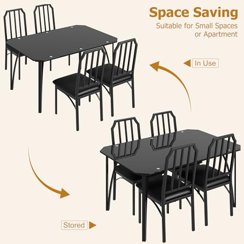 GAOMON Dining Table Set for 4, Glass Top Rectangular Kitchen Table and Upholstered Chairs for 4, 5 Piece Dining Room Table Set with Chamfer Design, for Kitchen Room, Home, Apartment GAOMON