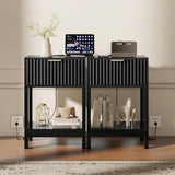 Nasonet Night Stand Set 2, Fluted Nightstand with Charging Station, Wood Bedside Table with Drawer & Storage Shelf, Modern End Tables for Bedroom Sofa Couch Office, Black Nasonet