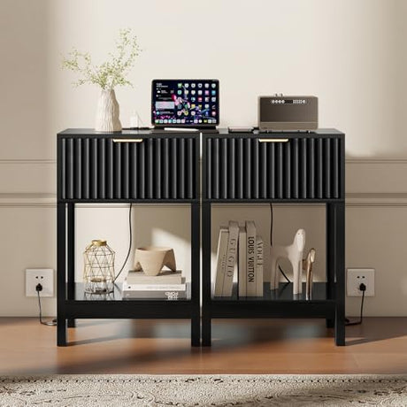 Nasonet Night Stand Set 2, Fluted Nightstand with Charging Station, Wood Bedside Table with Drawer & Storage Shelf, Modern End Tables for Bedroom Sofa Couch Office, Black Nasonet