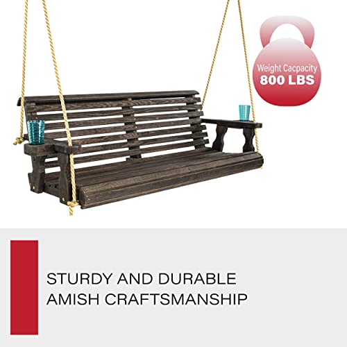 Amish Casual Heavy Duty 800 Lb Roll Back Treated Porch Swing with Hanging Ropes and Cupholders (5 Foot, Semi-Solid Black Stain) - WoodArtSupply