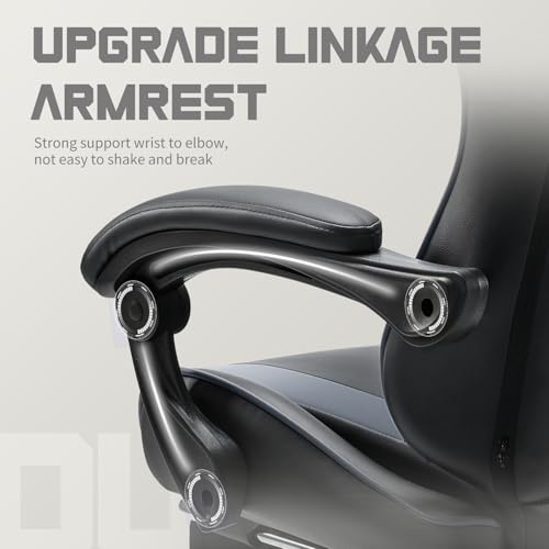 DUMOS Ergonomic Gaming Office Desk Chair with Footrest and Headrest for Adults, PU Leather Video Computer Chair with Linkage Armrests, Height Adjustable 360° Swivel Recling Chair, Black Grey DUMOS