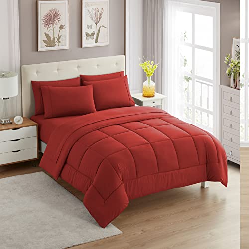 Sweet Home Collection 7 Piece Comforter Set Bag Solid Color All Season Soft Down Alternative Blanket & Luxurious Microfiber Bed Sheets, Red, Twin XL Sweet Home Collection