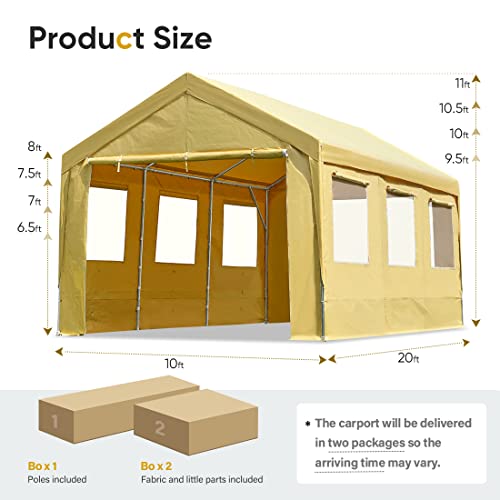 ADVANCE OUTDOOR 10x20 ft Adjustable Height Carport with Removable Window Sidewalls and Doors, Heavy Duty Car Canopy Garage Party Tent Boat Shelter with Reinforced Poles, Beige ADVANCE OUTDOOR
