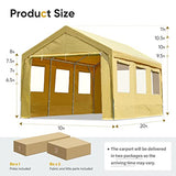 ADVANCE OUTDOOR 10x20 ft Adjustable Height Carport with Removable Window Sidewalls and Doors, Heavy Duty Car Canopy Garage Party Tent Boat Shelter with Reinforced Poles, Beige ADVANCE OUTDOOR