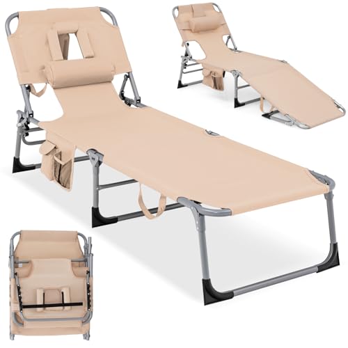 COSTWAY Tanning Chair with Face Hole, Folding Beach Lounge Chair with 4-Position Adjustable Backrest, Pillow & Side Pocket, Foldable Chaise Lounge Chair Outdoor for Sunbathing, Camping (1, Beige)