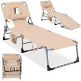 COSTWAY Tanning Chair with Face Hole, Folding Beach Lounge Chair with 4-Position Adjustable Backrest, Pillow & Side Pocket, Foldable Chaise Lounge Chair Outdoor for Sunbathing, Camping (1, Beige)