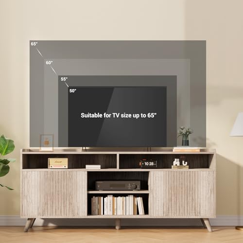 Algglobuy Farmhouse TV Stand for 65 Inch, TV Stands for Living Room with Sliding Doors and Adjustable Shelf, Entertainment Center with Storage Media TV Console Table for Bedroom (Sunwashed Ash Oak) Algglobuy
