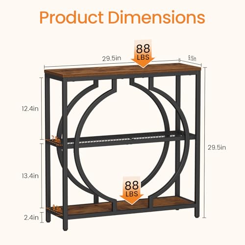 Snughome Entryway Table with 3 Tier Storage Shelves, Narrow Console Table Industrial Sofa Table with Circle Base, Behind The Couch Entrance Table for Hallway, Living Room, Foyer Snughome