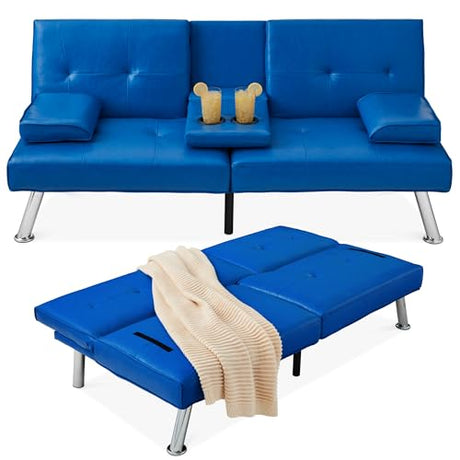 Best Choice Products Faux Leather Upholstered Modern Convertible Futon, Adjustable Folding Sofa Bed, Guest Bed w/Removable Armrests - Royal Blue Best Choice Products