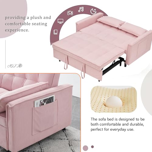 3 in 1 Corduroy Convertible Sofa Bed, Pull Out Couch Bed with Reclining Backrest and 2 Pillows, 54" Full Size Loveseat Sleeper Sofa Futon Couch Beds, Couches for Small Spaces, Living Room (Pink) Majnesvon