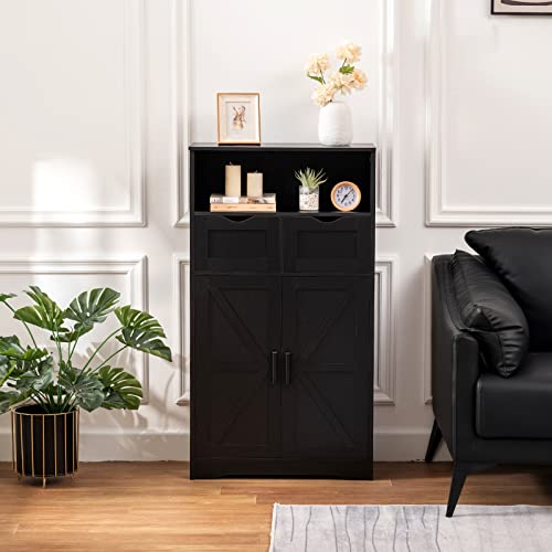 WEENFON Black Floor Cabinet with 2 Doors & 2 Drawers – Stylish Bathroom Storage with Adjustable Shelves - WoodArtSupply