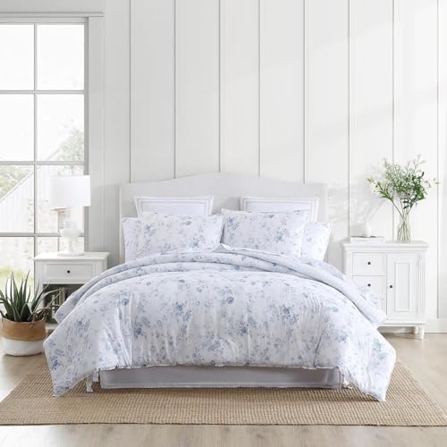 Laura Ashley - Queen Comforter Set, Soft Cotton Bedding with a Medium Weight for Year Round Use, Reversible 3 Piece Bed Set with Matching Pillowcases (Belinda Chambray Blue) Laura Ashley